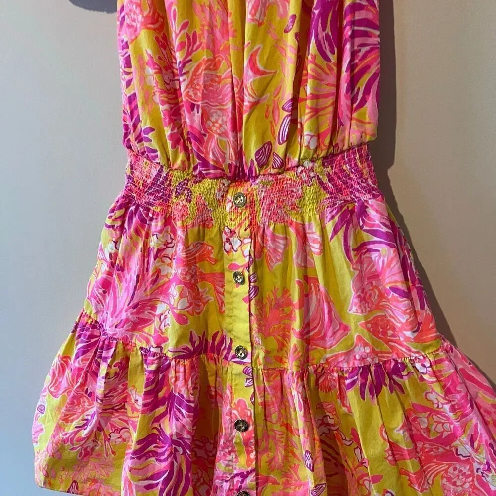 Lilly Pulitzer Jesiba Romper Calla Yellow Floral Coral 100% cotton coastal beach